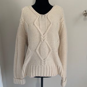 Creme Cable-Knit V-Neck Sweater
